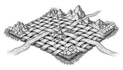 Isometric weaving landscape texture with mountains rivers and tiny houses detailed natural vector