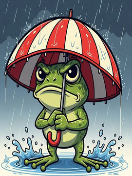 Grumpy green frog braving the rain with a red and white striped umbrella