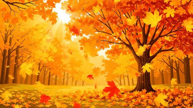 Autumn Maple Forest - A vibrant autumn forest scene with maple trees displaying a warm color palette of golden yellow and orange.