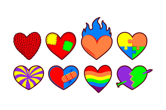 Variety of heart designs for Valentines Day. Each heart of unique style and color representing different emotions and themes of love