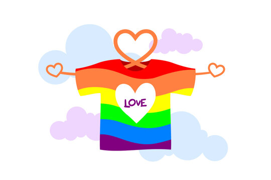 Colorful t-shirt displaying word love in center. Shirt with bright rainbow stripes. Hearts placed at top and on t sides. Love and acceptance concept