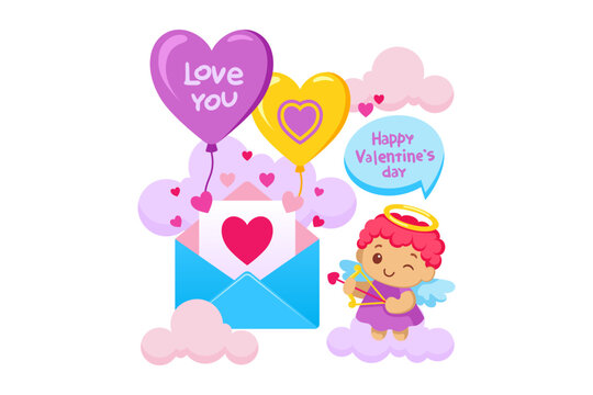 Cute cupid holding bow and arrow with balloons and card. Card showing heart symbol. Festive celebration of Valentine Day with bright colors and joyous elements