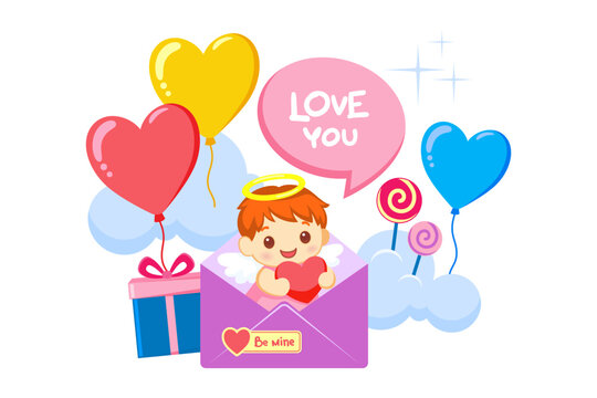 Young cupid with wings sitting inside envelope holding heart. Colorful balloons and gifts surrounding character. Speech bubble showing text Love You
