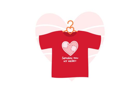 Red shirt hanging on hook. Shirt showing two hearts and message saying Sending you my heart. Valentines Day theme with love-focused imagery