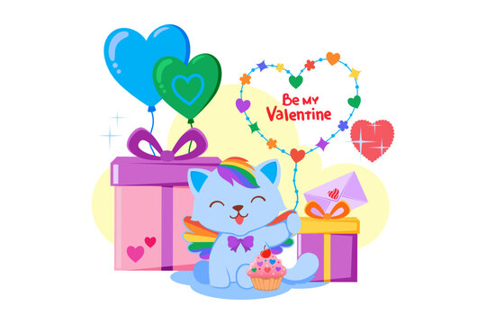Cat sitting with colorful balloons and gifts, holding heart-shaped balloon saying Be my Valentine. Cupcake and envelope nearby creating festive scene for Valentine Day