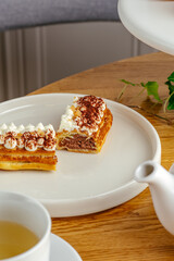 dessert and coffee on the table in the coffee shop