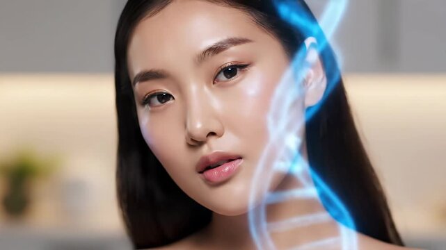 Asian Woman with DNA Overlay - An Asian woman looks directly at the camera with a glowing blue DNA double helix superimposed on her face. The overlay appears partially transparent.