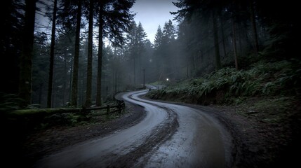 Obraz premium Misty Forest Road Winding Through Tall Trees in Damp Natural Environment