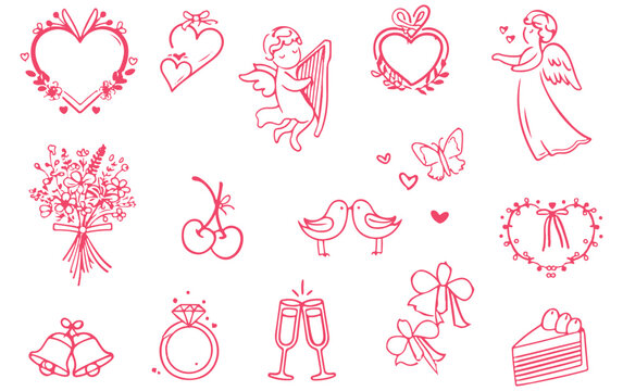 Set of wedding icons and accessories with pink hearts in a romantic vector style