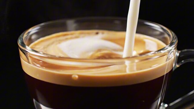 Pouring milk into a cup of coffee, a common daily ritual, in a transparent glass cup, against a dark background, from a close-up viewpoint.