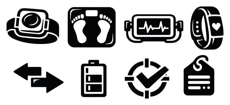 Connected medical devices in bold style: wearable patch, smart scale, home ECG device, activity tracker, device pairing arrows, battery status icon, calibration. Vector icons