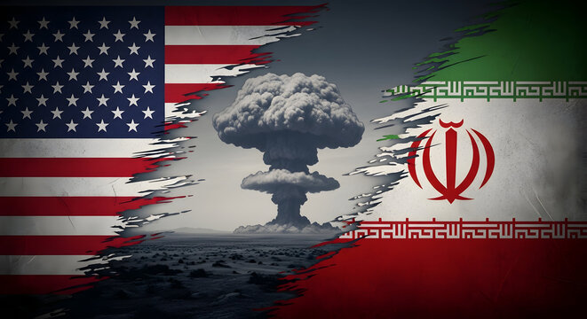 Nuclear Explosion between USA and Iran Flags in Tattered Torn Texture with Dramatic Dark Mood for Editorial Use