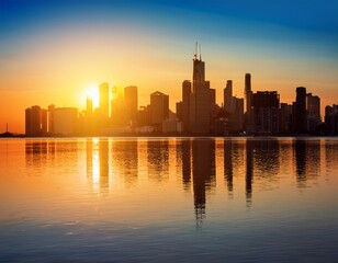 vibrant city skyline reflecting on calm water during golden sunrise