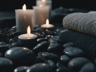 tranquil spa setting with lit candles and smooth stones