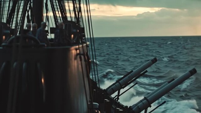Old wooden sailing ship firing a broadside from its cannons during a naval battle on a rough, stormy sea, creating explosions of fire and thick smoke against the dramatic evening sky