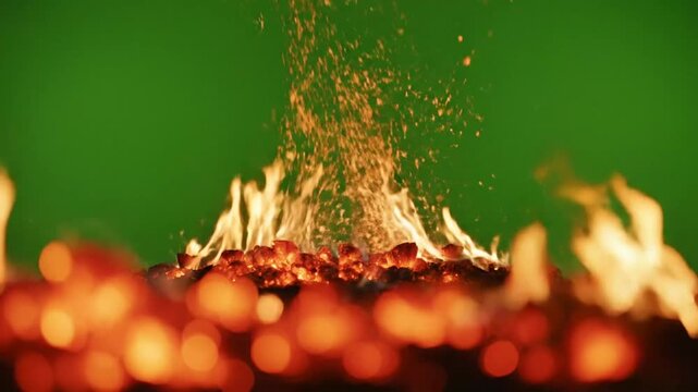 Burning Fire Embers With Rising Sparks And Glowing Flames On Green Screen Background For Visual Effects