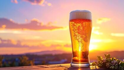 夕陽とビールジョッキのイメージ画像　南国リゾート地