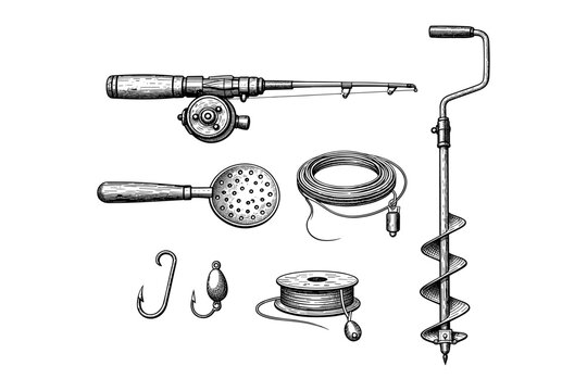 Ice fishing gear: rods, hooks, auger, line, scoop sketch
