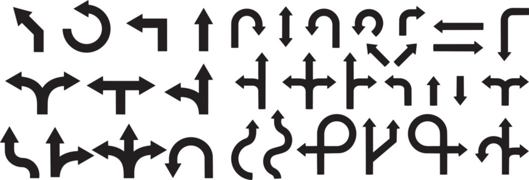 Diverse Directional Arrows: A comprehensive array of directional arrows in various styles, representing diverse choices, navigation, and guidance options in monochrome.