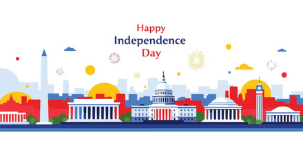 Naklejka premium Happy Independence Day Celebration with Iconic Capitol Building Skyline and Festive Fireworks Display