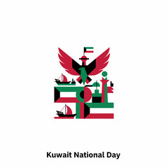 Obraz premium Kuwait National Day Emblem with Symbols of Dhows and Falcon