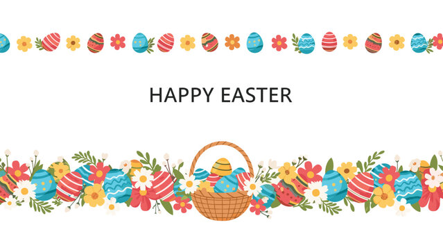 Festive easter banner features rows of decorated eggs and spring flowers with a brown basket full of eggs at the center.