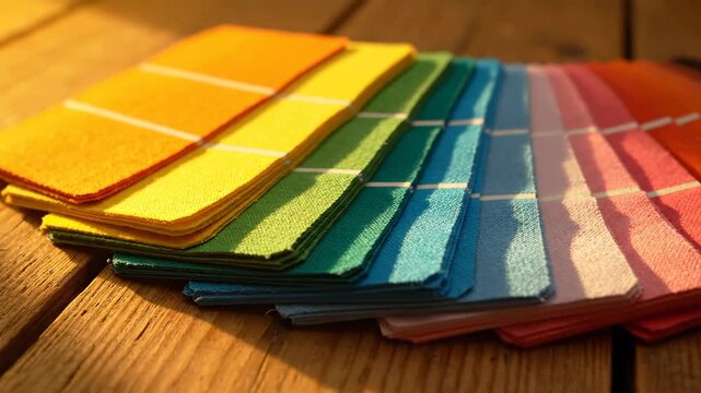 Paint Color Swatches on Wood - A close-up shot features a stack of colorful paint swatches arranged in a gradient, from orange to red, on a wooden surface.