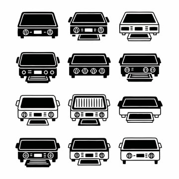 Collection of electric grill and griddle icons in a minimalist black and white style.