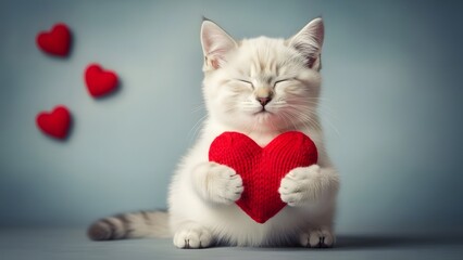 Adorable white cat holding red heart happy valentines day
