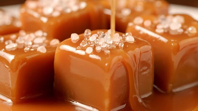 Salted Caramel Candies Close-Up - A close-up shot of several square caramel candies that have been topped with sea salt. Some caramel sauce is seen being drizzled onto the sweets.