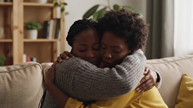Two women talk and comfort each other in a living room with plants and shelves, sharing moments of support and understanding