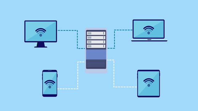 Flat vector illustration of a central server rack connected to smartphone, desktop, and laptop with wifi icons, showing blue upload flow and white download flow for bidirectional data synchronization.