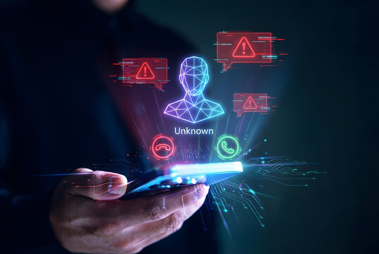 Person holding smartphone with unknown caller and warning signs floating above screen