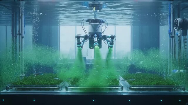 Medium shot of underwater robotic feeding system distributing algae evenly across an aquafarm tank.