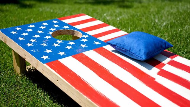 Cornhole Game with American Flag Design - Close-up shot of a cornhole game board painted with an American flag design, set on green grass. There are red and blue beanbags resting on the board.