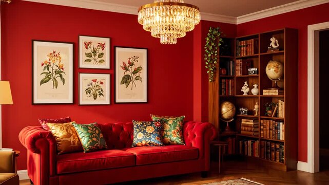 Red Living Room Interior with Bookshelf - A beautifully decorated living room features a red tufted sofa with patterned throw pillows against a matching red wall adorned with botanical prints.