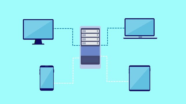 Flat vector illustration of a central server rack connected to desktop, laptop, tablet, and smartphone with blue upload flow and white download flow, representing bidirectional data synchronization.
