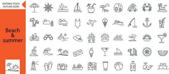 Beach and summer concept editable stroke outline icons set. 