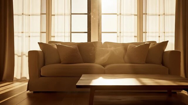 Sunlight streams through sheer curtains into a living room, highlighting a plush sofa and wooden coffee table, casting long shadows on the floorboards.