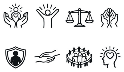 Human Rights System in outline style: dignity emblem, freedom stance, justice scale, respect indicator, protection shield, ethical treatment, social inclusion. Vector icons