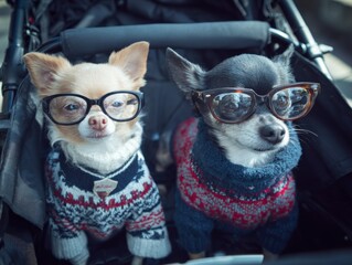two adorable small dogs wearing stylish sweaters and accessories enjoying a ride in a pet stroller
