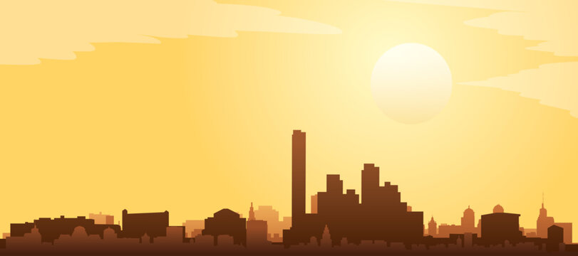 Golden yellow panoramic poster of the city skyline with misty background buildings and clouds of MIAMI, FLORIDA