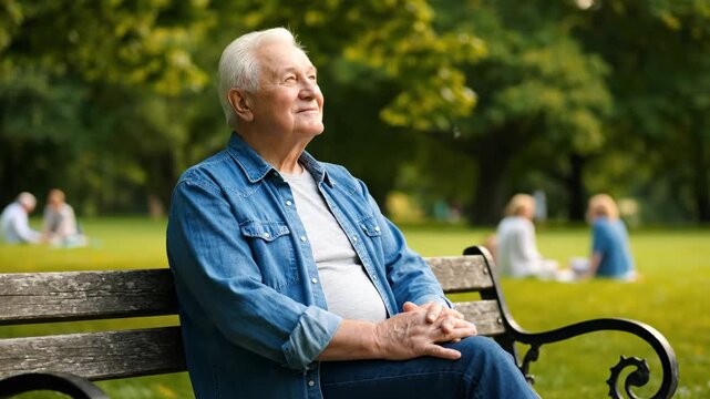 Senior Man Relaxing on Park Bench - A senior man with white hair sits on a park bench, hands clasped, and gazes thoughtfully upward with a slight smile.