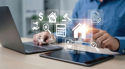 Fototapeta premium Man Interacting with Virtual Real Estate Interface on Tablet, Exploring Property Investment Options