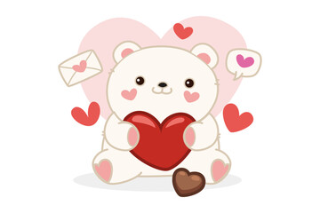 Fototapeta premium Bear sitting holding red heart surrounded by hearts and love letter. Celebration of Valentine Day focusing on love and affection