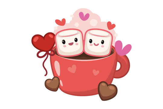 Red cup filled with hot chocolate holding two smiling marshmallows. Pink and red hearts surrounding it. Love on Valentines Day with warmth and joy