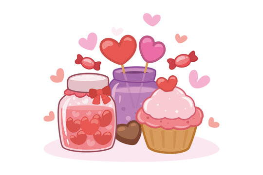 Sweet treats displayed for Valentine day celebrations. Jars filled with candies and cupcake sitting together. Colorful hearts surrounding tasty items, adding to festive look