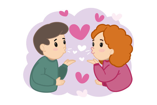 Two people blowing kisses to each other with hearts floating around. They expressing love and affection during Valentines Day. Celebration of romance concept