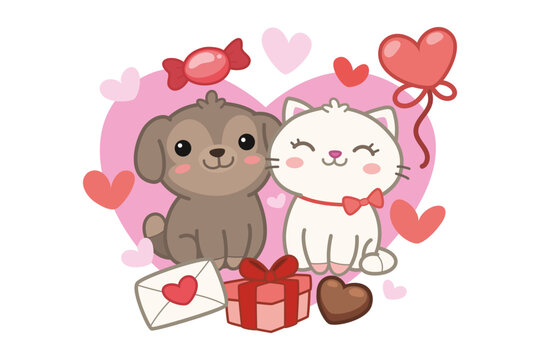 Two cute pets sharing moment on Valentines Day. Dog and cat sitting close together surrounded by hearts, gifts, and candy. Happy animals enjoying holiday