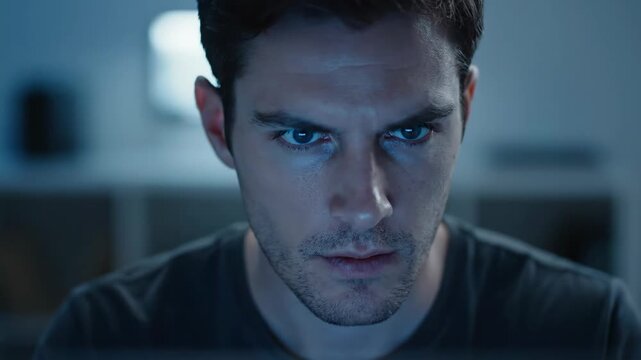 Intense Young Man Concentrating - A close-up shot of a young man's face reveals intense focus as he looks intently at something in front of him.